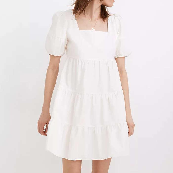 Madewell Poplin Puff-Sleeve Tiered Babydoll Dress