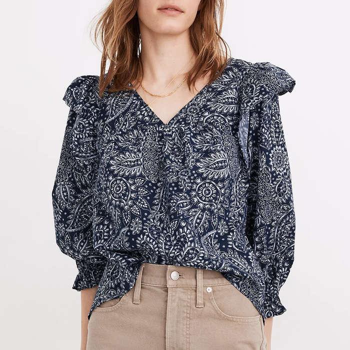 Madewell V-Neck Ruffle-Shoulder Top In Paisley Garden