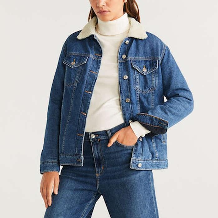 Mango Faux Shearling-Lined Denim Jacket