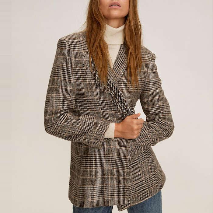 Mango Fringed Wool Blazer In Plaid