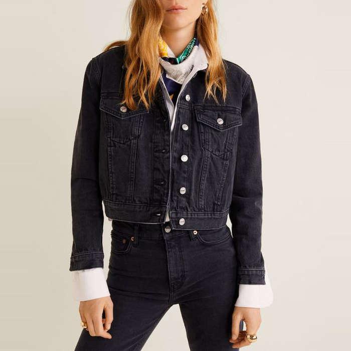 Mango Pocketed Denim Jacket In Black Denim