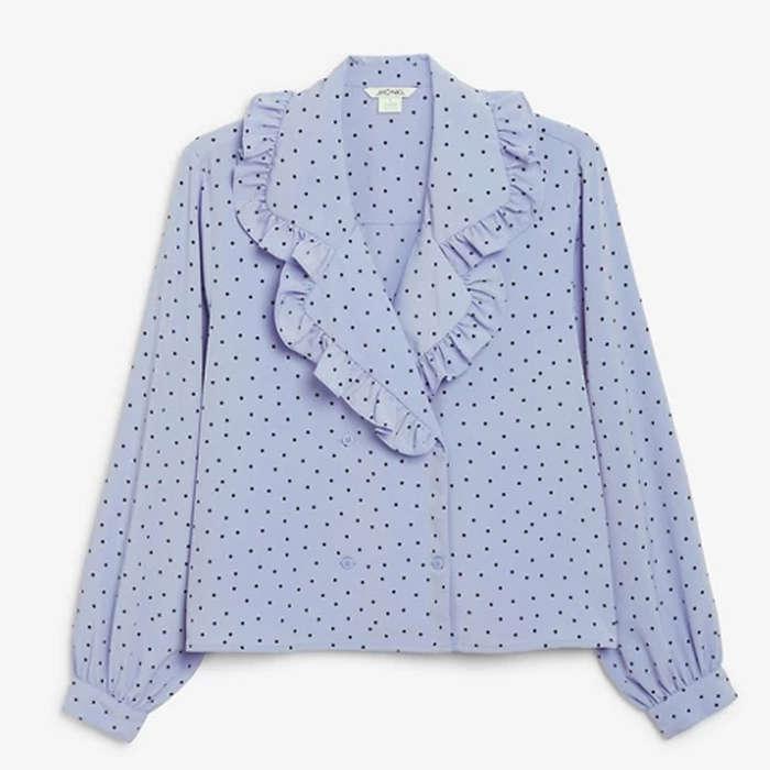 Monki Marian Dot Print Ruffle Collar Blouse