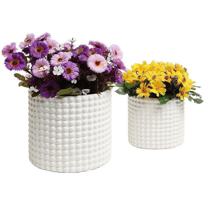 MyGift White Ceramic Vintage-Style Hobnail Textured Planters