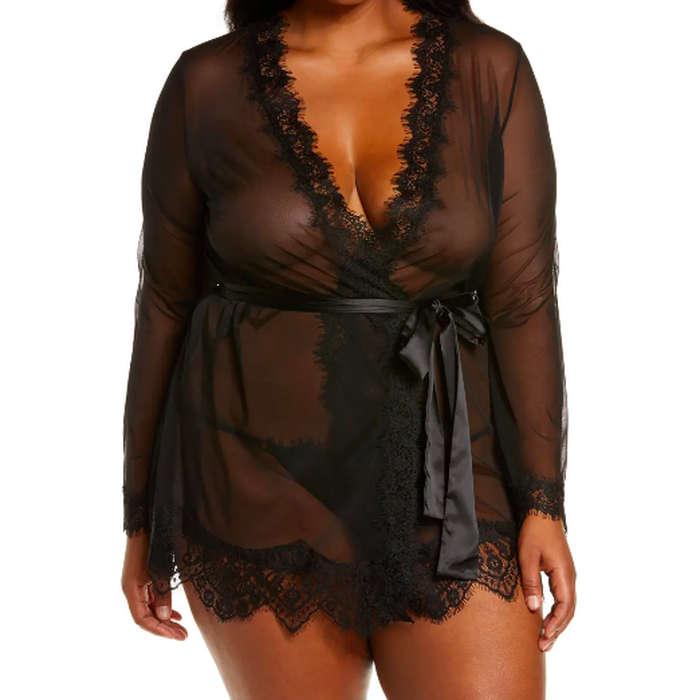 Oh La La Cheri Lace Trim Mesh Robe & G-String Set