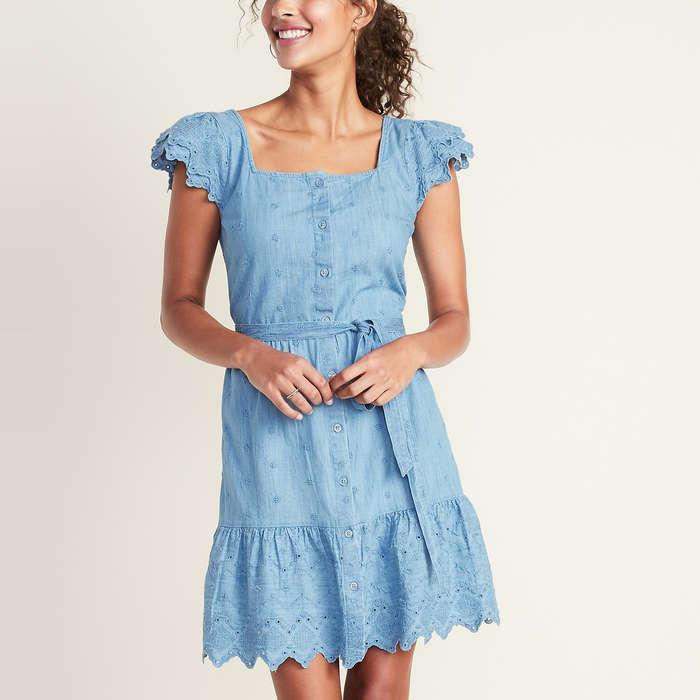 Old Navy Chambray Cutwork Waist-Defined Tie-Belt Dress