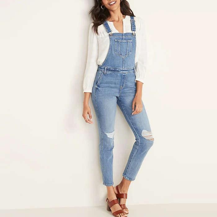 Old Navy Distressed Jean Side-Zip Overalls