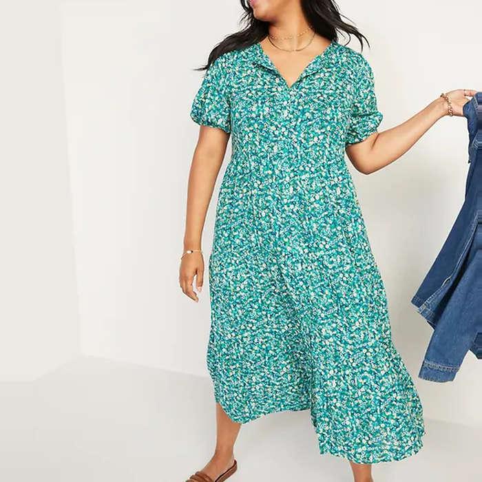 Old Navy Floral Puff-Sleeve Button-Front Midi Swing Dress