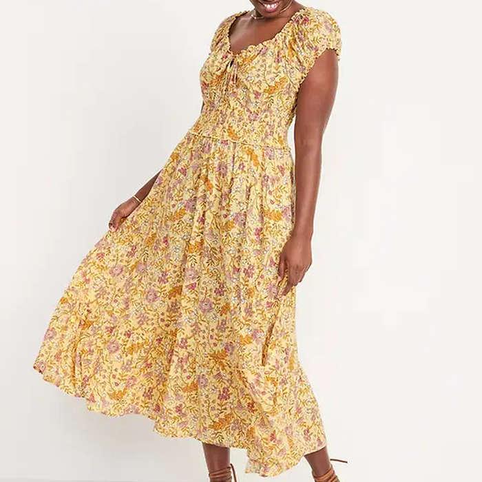 Old Navy Short-Sleeve Waist-Defined Printed Maxi Dress