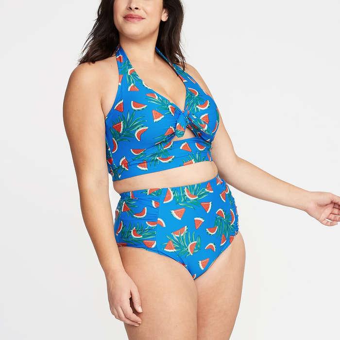 Old Navy Tie-Front Plus-Size Long-Line Halter Swim Top and High-Rise Secret-Slim Plus-Size Swim Bottoms