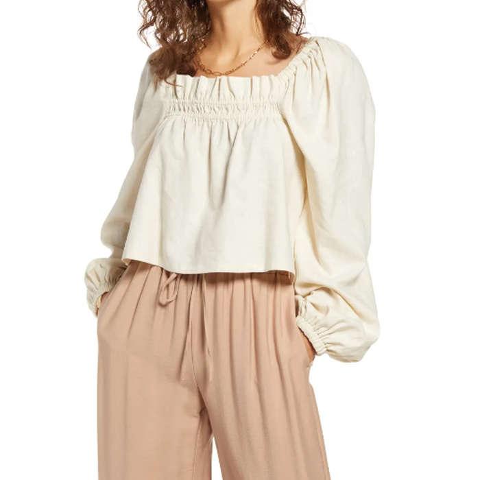 Open Edit Long Sleeve Linen Blend Blouse