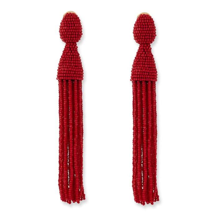 Oscar de la Renta Long Beaded Tassel Clip Earrings