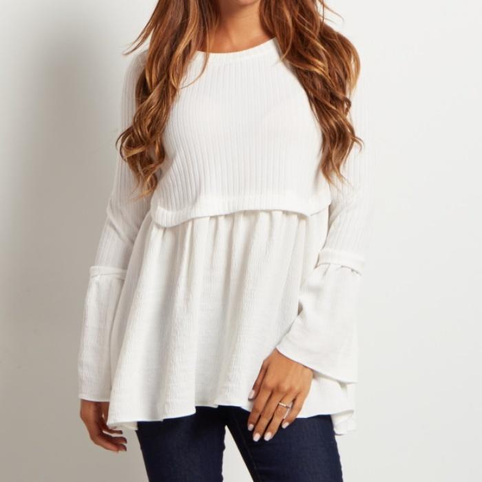 Pink Blush Ivory Ribbed Peplum Long Sleeve Top