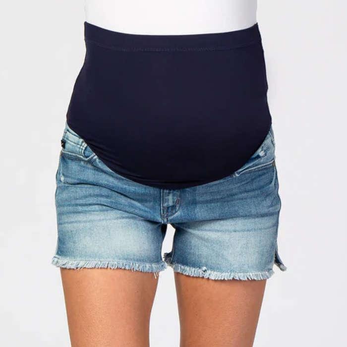 PinkBlush Blue Fringe Hem Maternity Denim Shorts