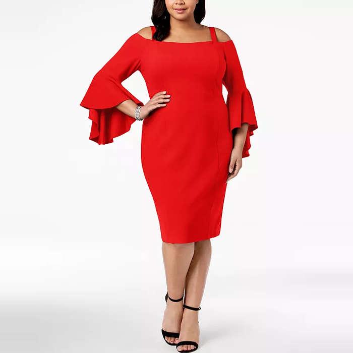 R & M Richards Plus Size Off-The-Shoulder Flared-Sleeve Dress