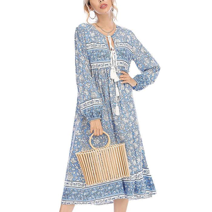 R.Vivimos Long Sleeve Floral Print Bohemian Midi Dress