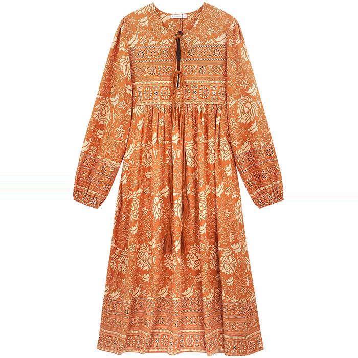 R.Vivimos Long Sleeve Floral Print Bohemian Midi Dress