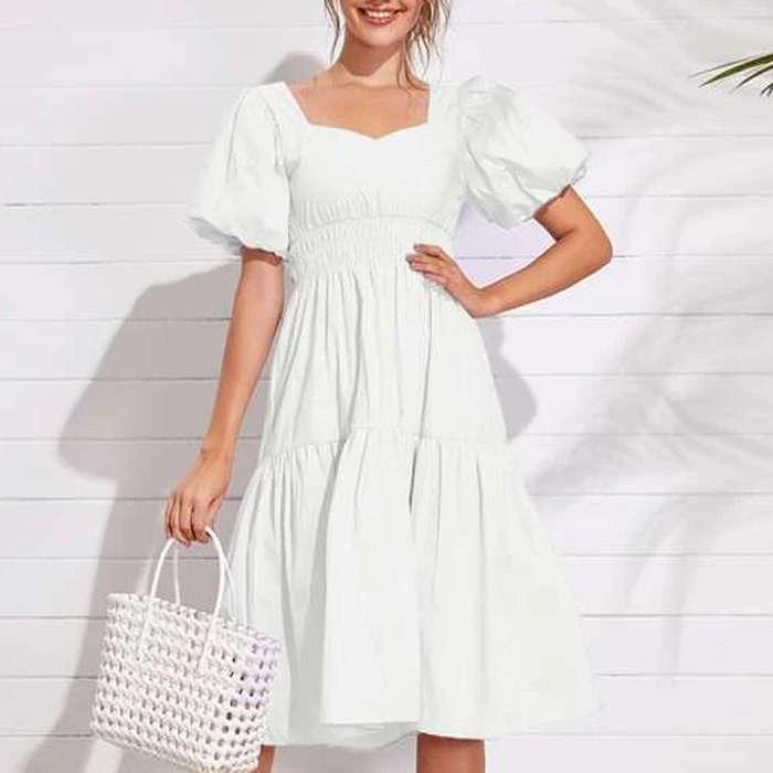 SheIn Sweetheart Bishop Sleeve Shirred Ruffle Hem Dress