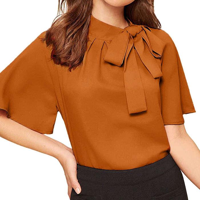 SheIn Tie Neck Short Sleeve Blouse