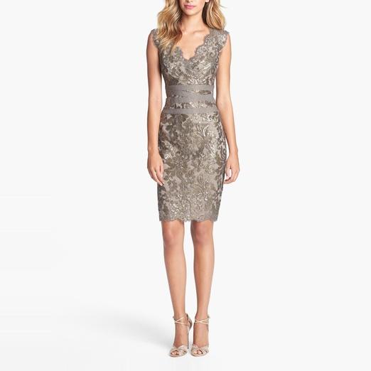 Tadashi Shoji Embellished Metallic Lace Sheath Dress