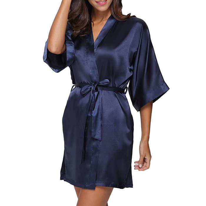 The Bund Pure Colour Short Satin Kimono Robes With Oblique V-Neck