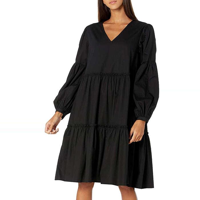 The Drop Jade Loose Balloon Long Sleeve Tiered Poplin Dress