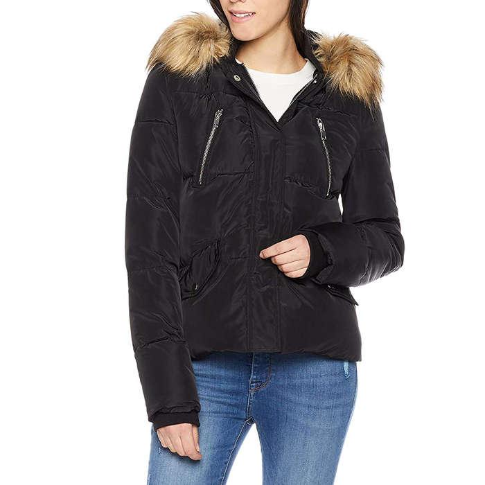 The Portland Plaid Co. Short Puffer Coat with Faux Fur Hood Trim