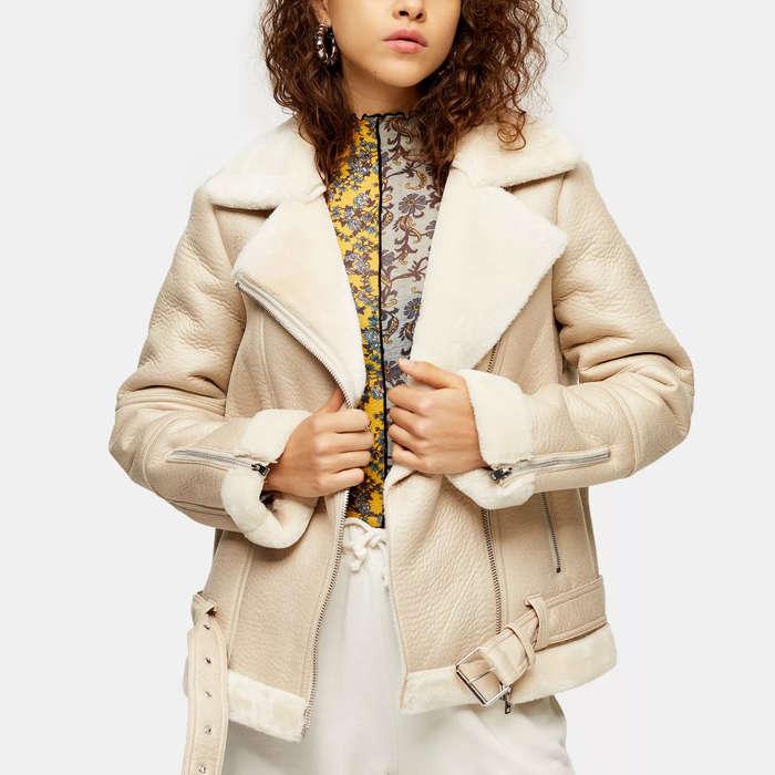 Topshop Faux Shearling Biker Jacket