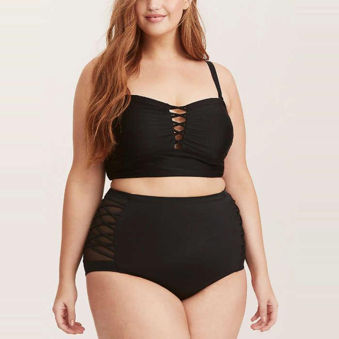 Torrid Black Wireless Lattice Bikini Top and Black Lattice Mesh Swim Bottom