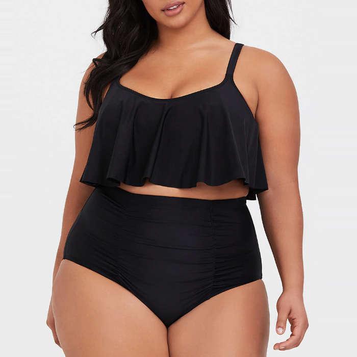 Torrid Flounce Bikini Top and Ruched High Waist Swim Bottom