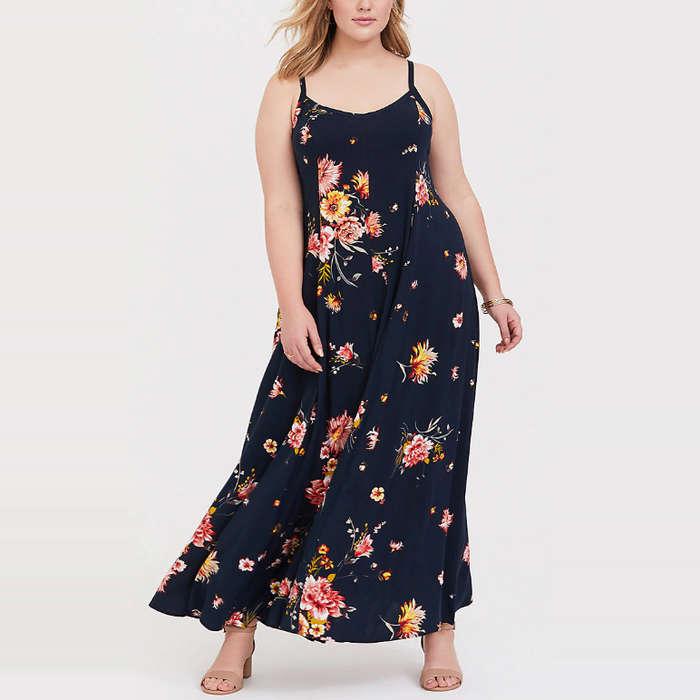 Torrid Navy Floral Challis Trapeze Maxi Dress