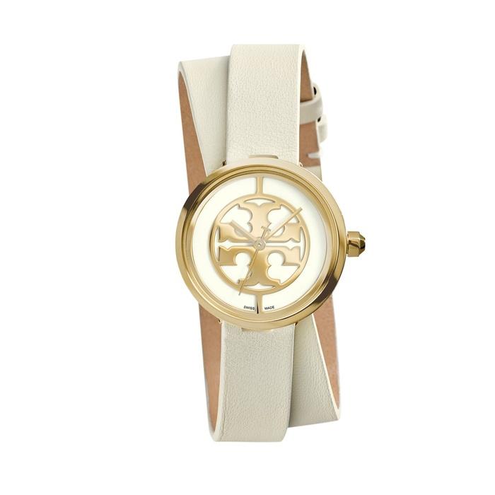 Tory Burch Reva Logo Dial Double Wrap Leather Strap Watch