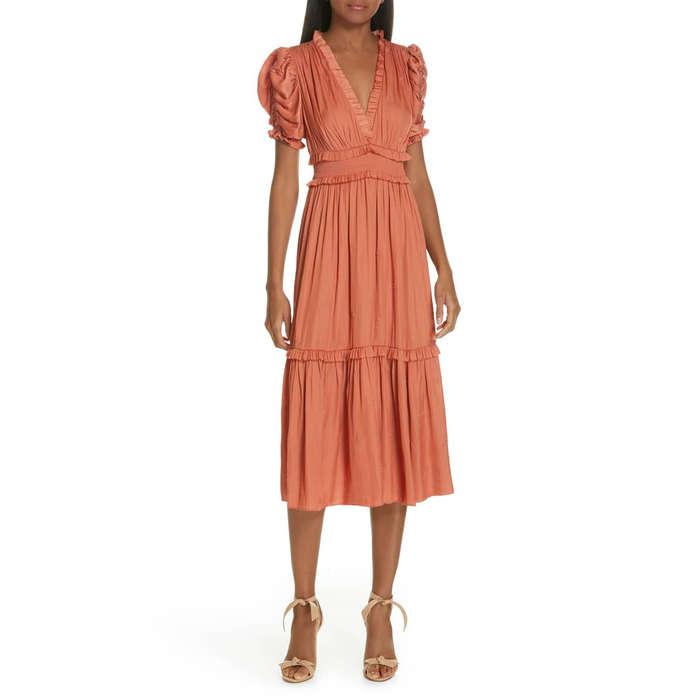 Ulla Johnson Maya ruched embroidered satin midi dress