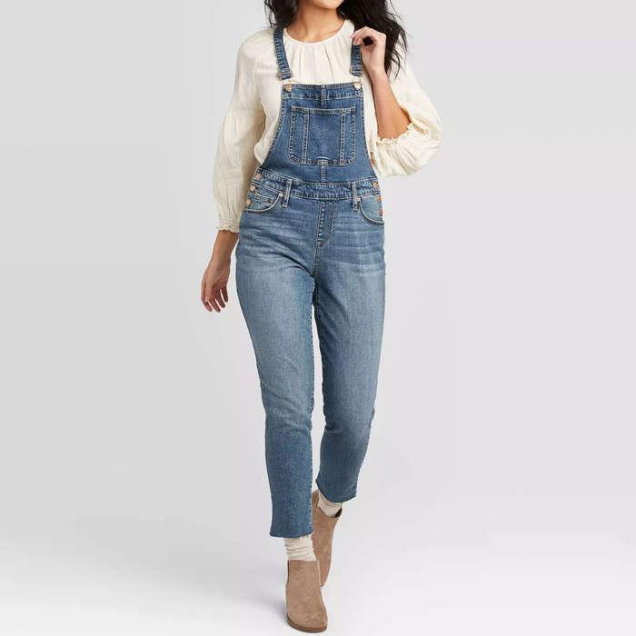 Universal Thread High-Rise Cropped Raw Hem Denim Overalls