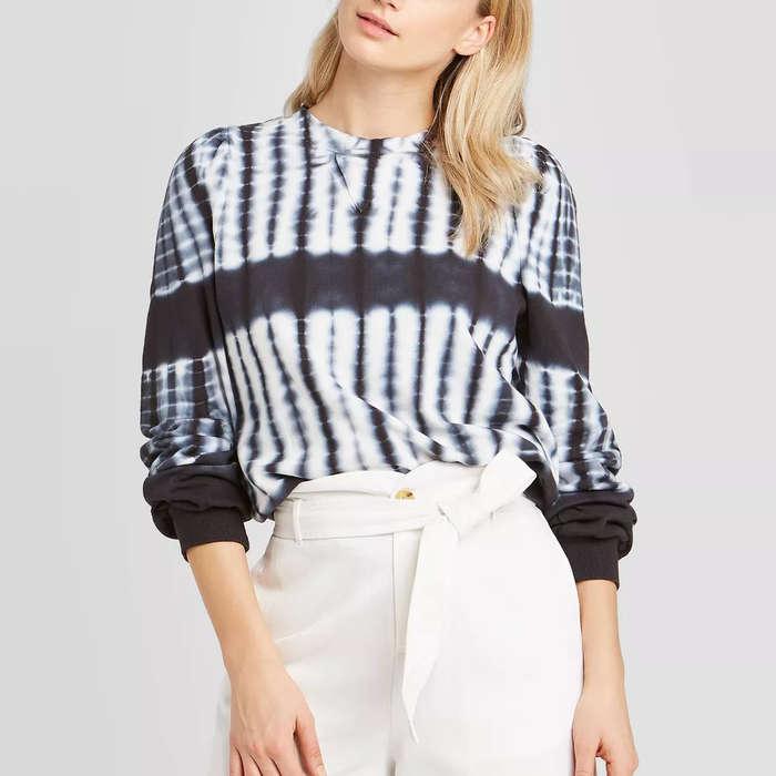 Who What Wear Striped Puff Crewneck Tie-Dye Sweatshirt