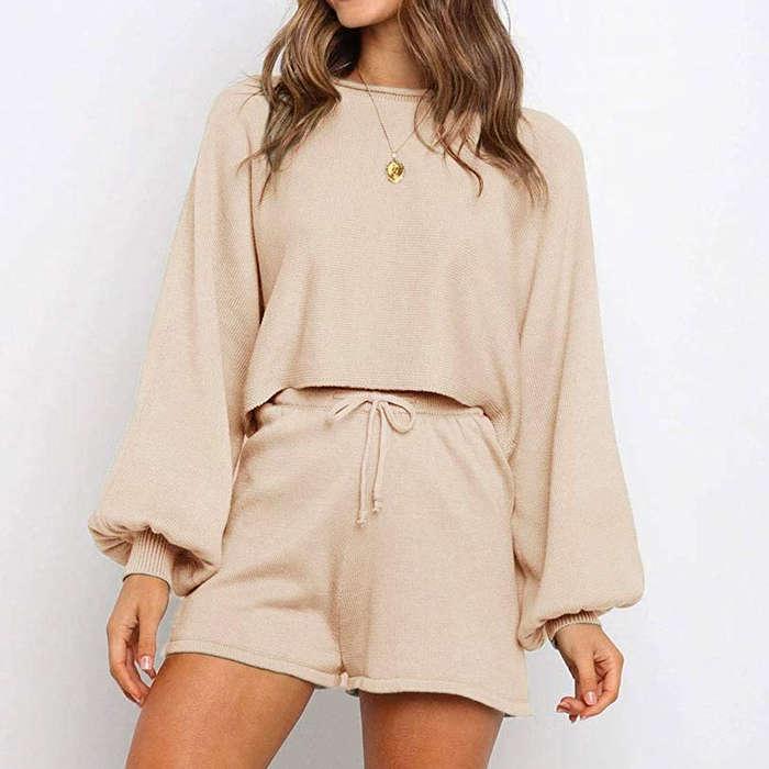 Zesica Long Sleeve Knit Pullover Short Set