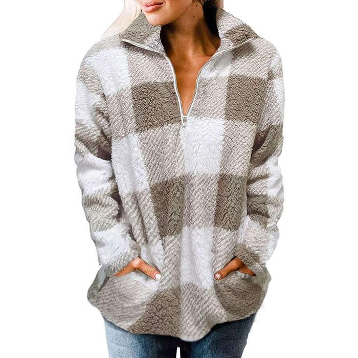 Zesica Plaid Sherpa Fleece Pullover